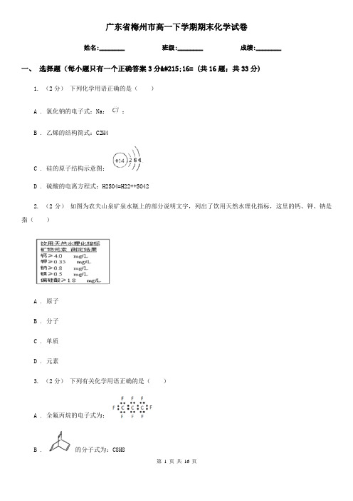 广东省梅州市高一下学期期末化学试卷