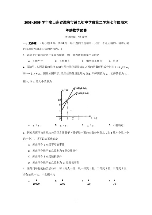 山东潍坊昌邑初中学段08-09学年七年级下人教新课标期末考试试卷--数学