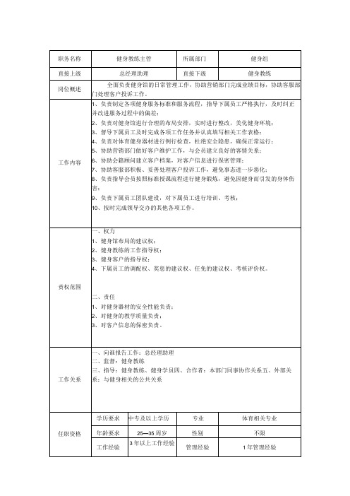 健身教练主管岗位职责说明书