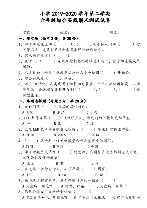 人教版六年级下册级综合实践期末试题