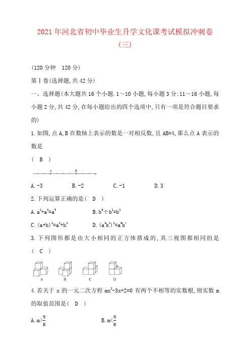 中考数学通用版河北专版2021年河北省初中毕业生升学文化课考试模拟冲刺卷(三)