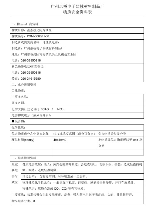 MSDS 液态感光防焊油墨