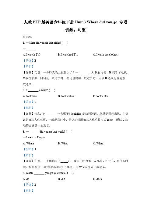 人教PEP版英语六年级下册Unit 3 Where did you go 专项训练：句型