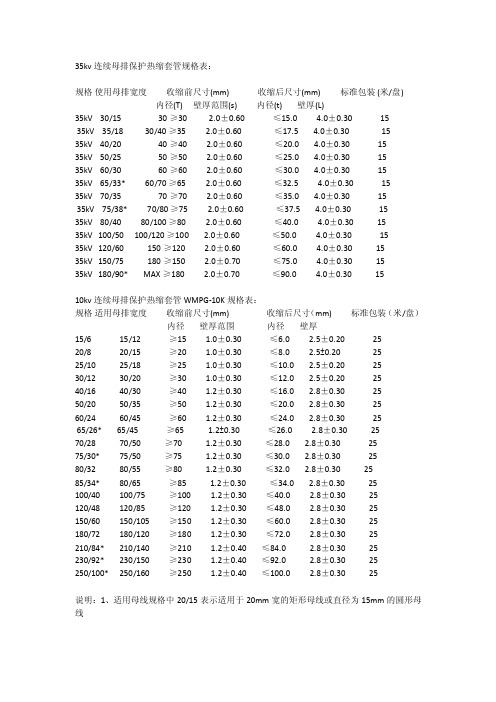 母排保护热缩套管规格表