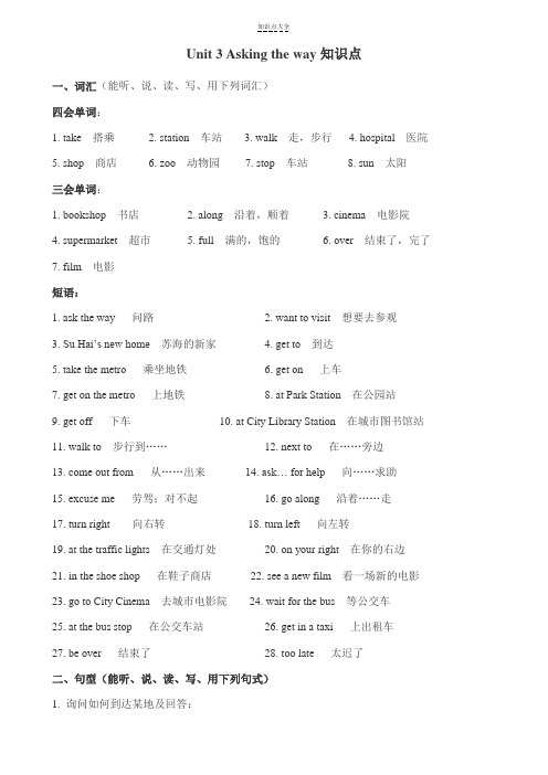 译林版五下Unit3Askingtheway知识点