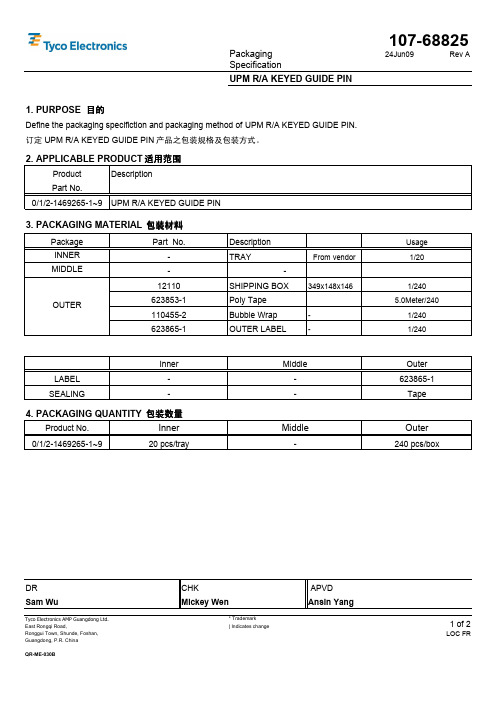 UPM R A KEYED GUIDE PIN 产品之包装规格及包装方式说明书