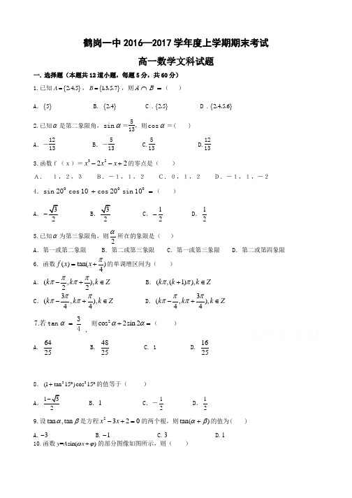 黑龙江省鹤岗2019-2020学年高一上学期期末考试试卷 数学(文) 含答案