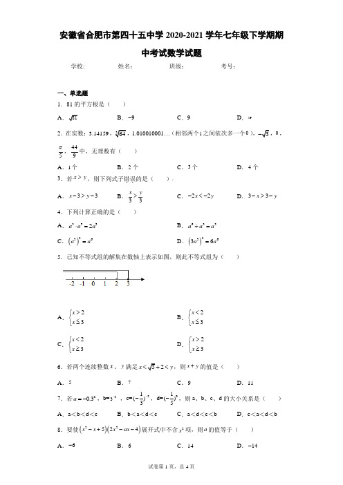 安徽省合肥市第四十五中学2020-2021学年七年级下学期期中考试数学试题(含答案解析)