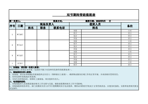 XXX案场、项目节日期间带班值班表