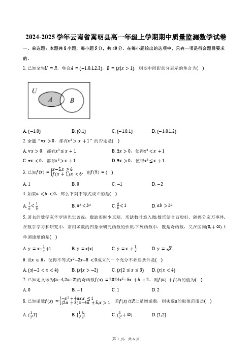 2024-2025学年云南省昆明市嵩明县高一年级上学期期中质量监测数学试卷(含答案)