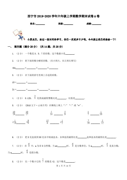 西宁市2019-2020学年六年级上学期数学期末试卷A卷