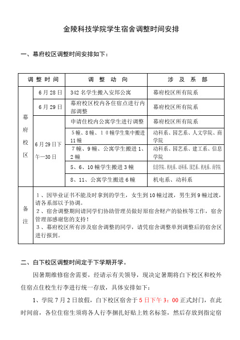 金陵科技学院学生宿舍调整时间安排