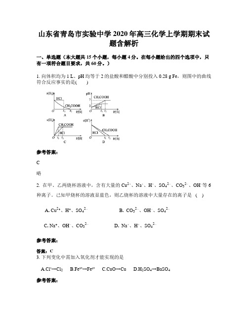 山东省青岛市实验中学2020年高三化学上学期期末试题含解析