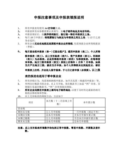 申报注意事项及申报表填报说明