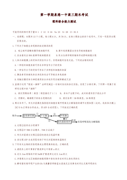 2019-2020年福建省泉港区高三上学期期末考试理科综合有答案-可编辑修改