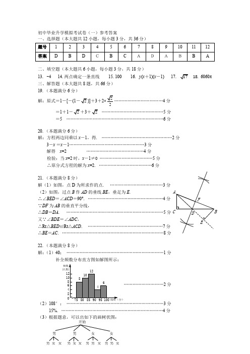 2021年初中毕业升学模拟考试卷(一)参考答案