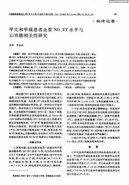 甲亢和甲减患者血浆NO、ET水平与心功能相关性研究