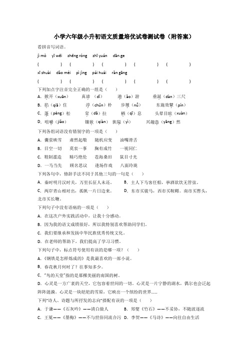 小学六年级小升初语文质量培优试卷测试卷(附答案)