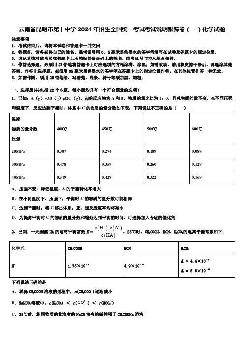 云南省昆明市第十中学2024年招生全国统一考试考试说明跟踪卷(一)化学试题含解析