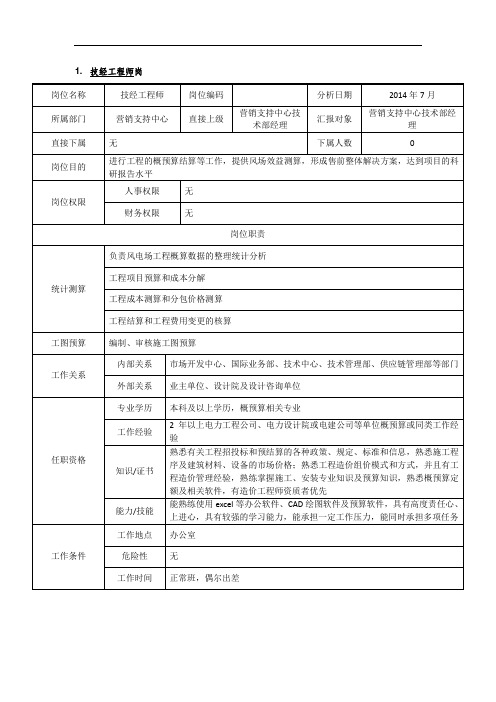 电力风电岗位说明书-营销支持中心-技术--技经工程师岗