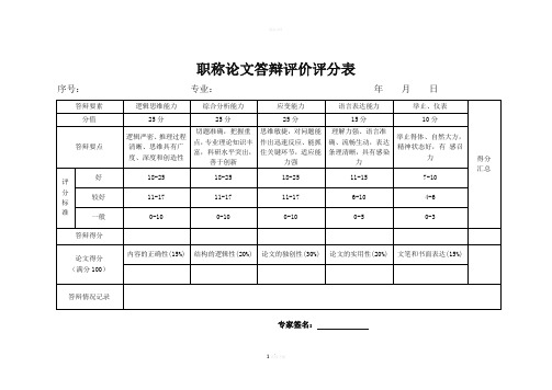 职称论文答辩评价评分表