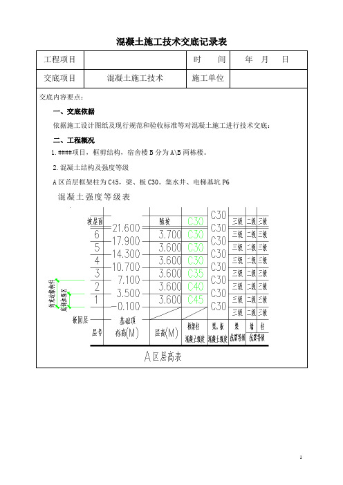 混凝土施工技术交底记录表