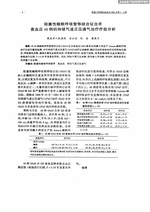 阻塞性睡眠呼吸暂停综合征合并高血压48例的持续气道正压通气治疗疗效分析