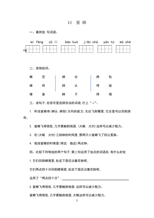 三年级下册语文课课练-14蜜蜂人教部编版(含答案)