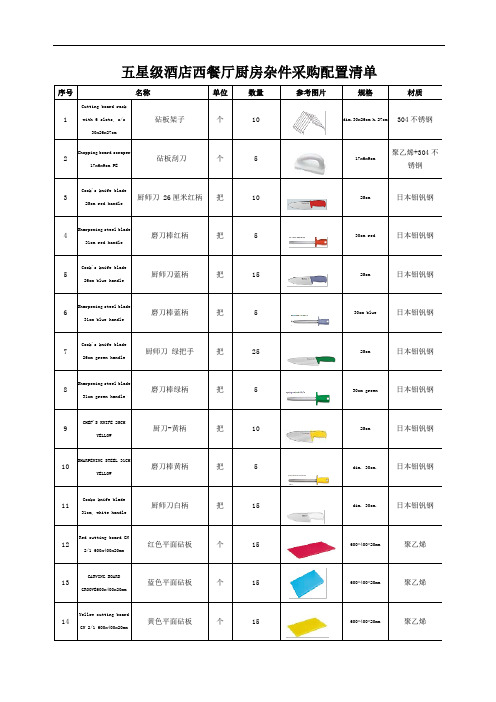 五星级酒店西餐厅厨房杂件采购配置清单