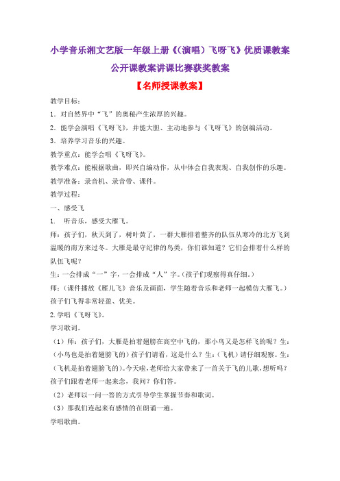 小学音乐湘文艺版一年级上册《(演唱)飞呀飞》优质课教案公开课教案讲课比赛获奖教案D004