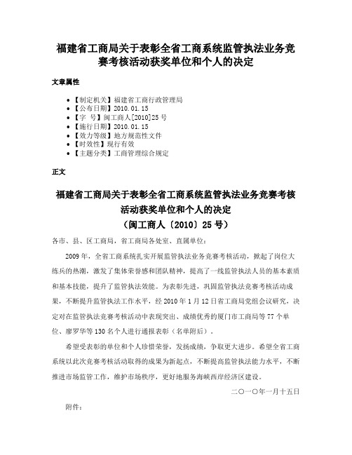 福建省工商局关于表彰全省工商系统监管执法业务竞赛考核活动获奖单位和个人的决定