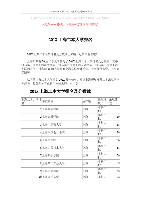 2019-201X上海二本大学排名-实用word文档 (2页)