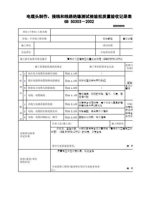 电缆头制作 接线和线路绝缘测试检验批质量验收记录表