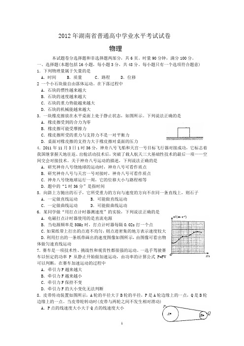 2012年湖南省普通高中学业水平考试物理试题及答案