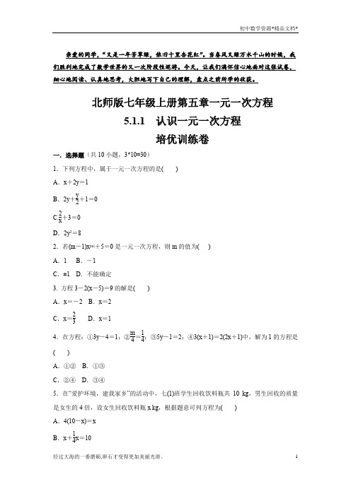 北师大版七年级数学上册第5章  5.1.1 认识一元一次方程 培优训练(含答案)