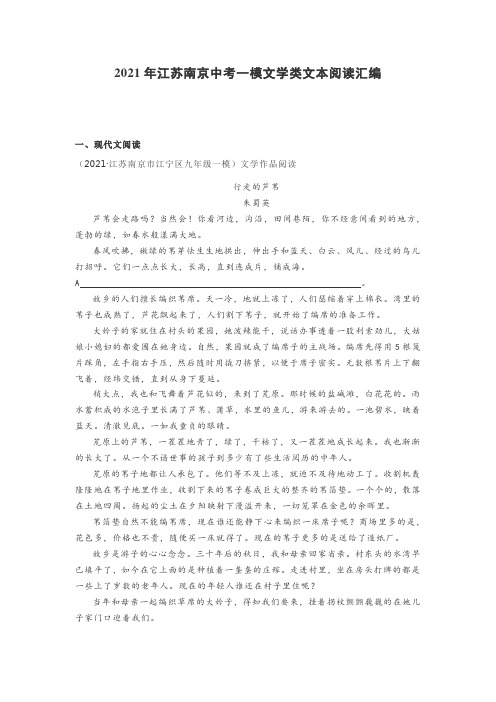 2021年江苏南京中考一模文学类文本阅读汇编