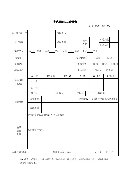 考试成绩汇总分析表