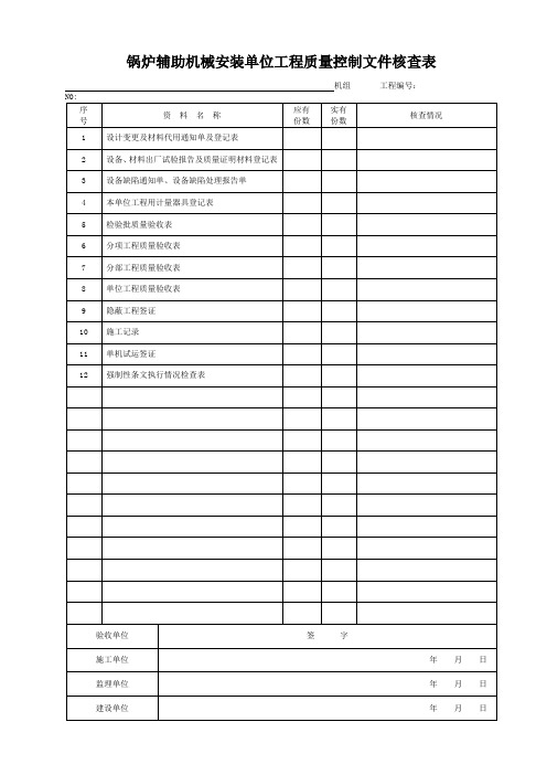 锅炉辅助机械安装单位工程质量控制文件核查表