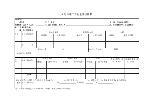 分包方施工工程进度结算书