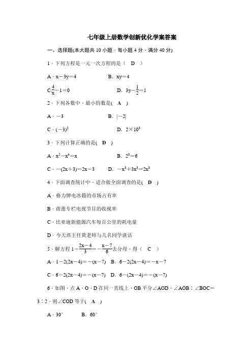 数学创新优化学案七年级上册答案