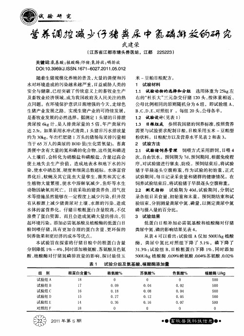 营养调控减少仔猪粪尿中氮磷排放的研究