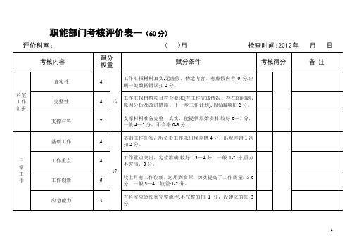 医院职能行政部门工作月查考核评价表一(60分).