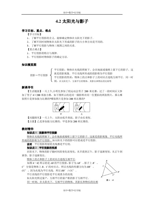 北师大版-数学-九年级上册-4.2太阳光与影子 导学案