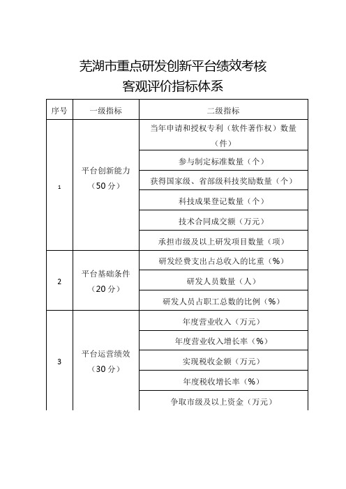 芜湖市重点研发创新平台绩效考核客观评价指标体系【模板】