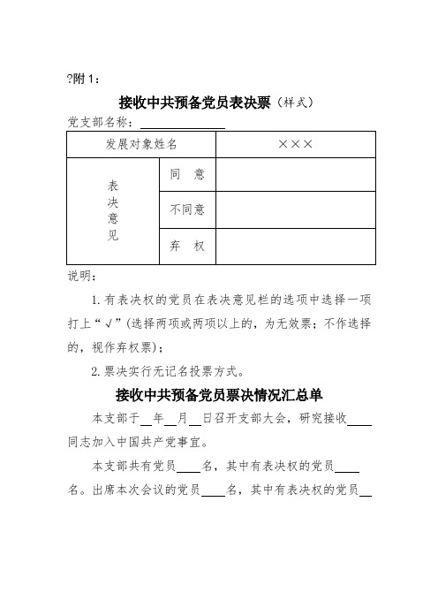 接收中共预备党员表决票(样式)