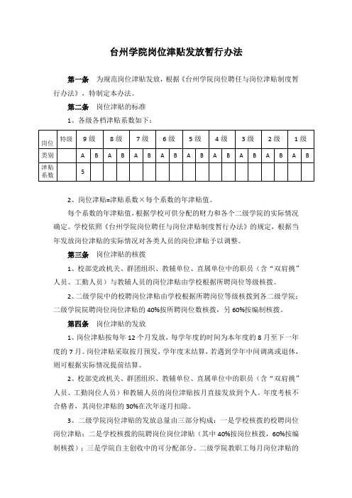 台州学院岗位津贴发放暂行办法