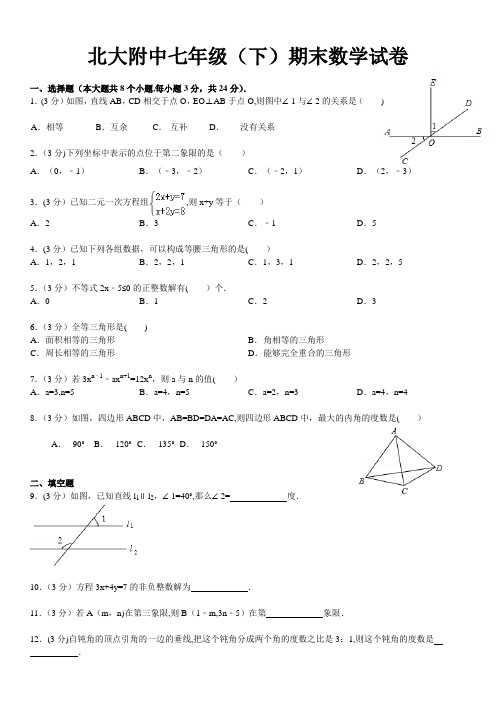 北大附中七年级(下)期末数学试卷(详细解答过程)