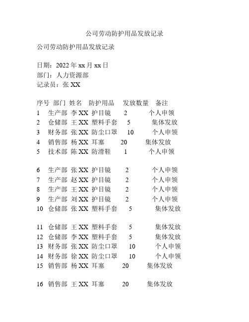 公司劳动防护用品发放记录