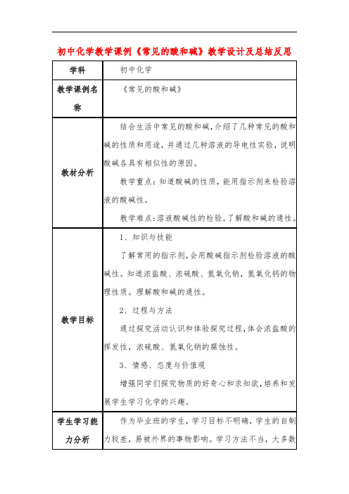 初中化学教学课例《常见的酸和碱》教学设计及总结反思