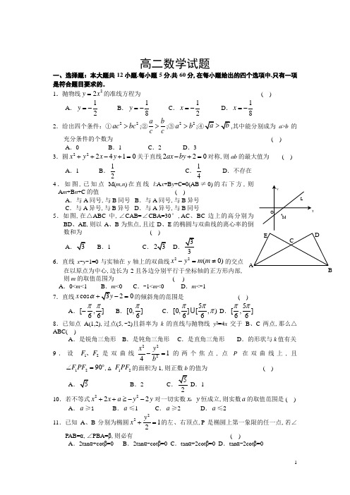 (完整版)高二数学第一学期期末考试试卷理科